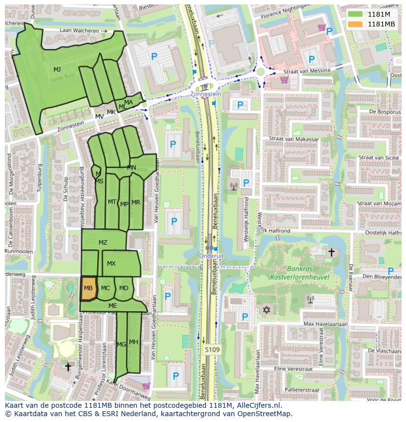 Afbeelding van het postcodegebied 1181 MB op de kaart.
