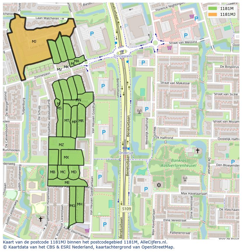 Afbeelding van het postcodegebied 1181 MJ op de kaart.