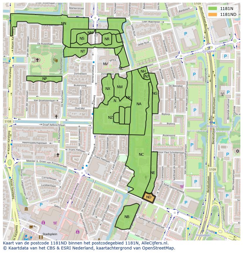 Afbeelding van het postcodegebied 1181 ND op de kaart.