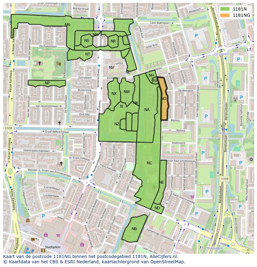 Afbeelding van het postcodegebied 1181 NG op de kaart.