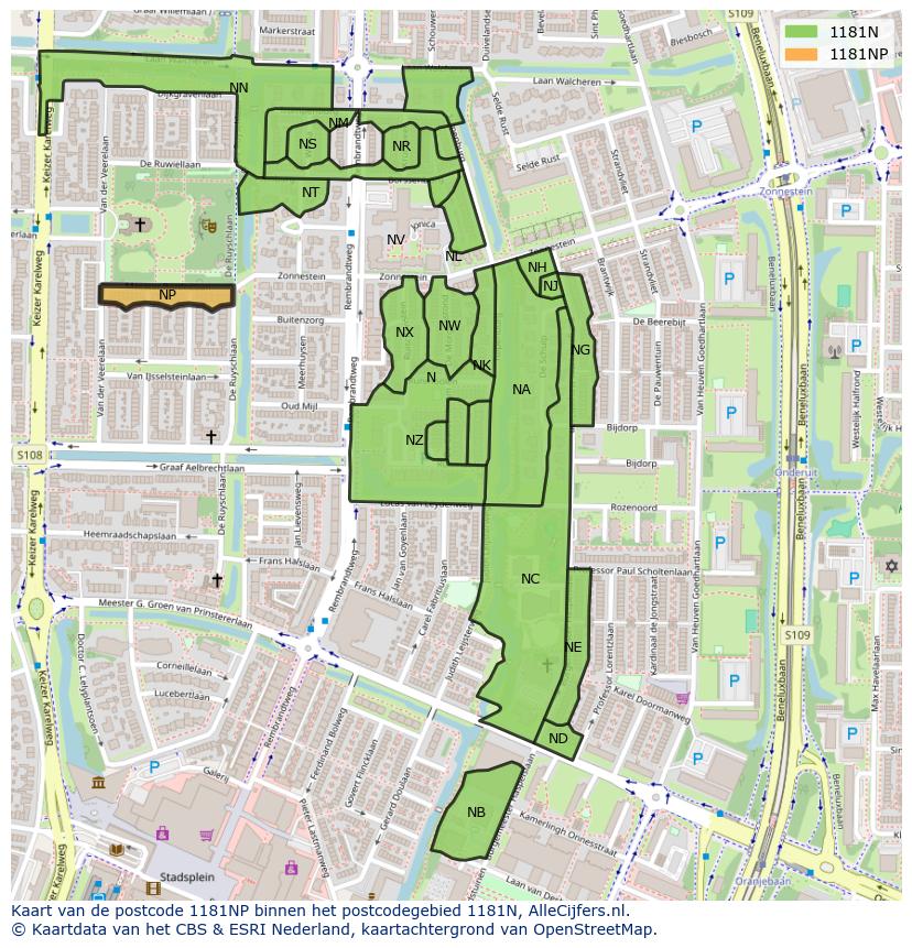 Afbeelding van het postcodegebied 1181 NP op de kaart.