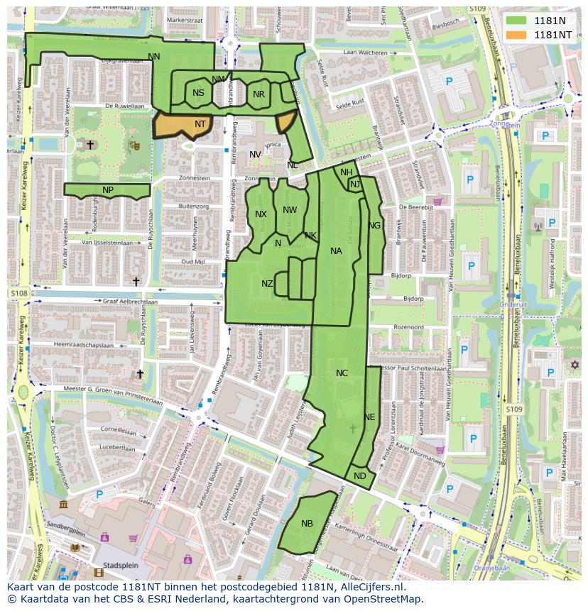 Afbeelding van het postcodegebied 1181 NT op de kaart.