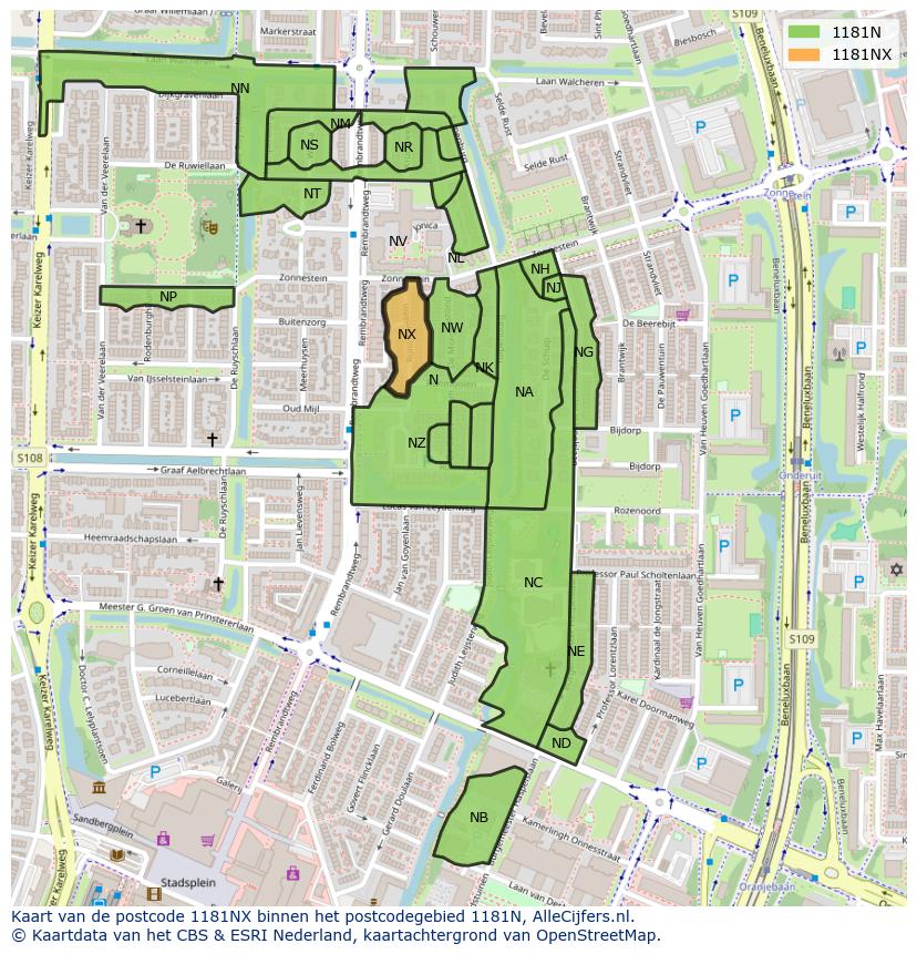 Afbeelding van het postcodegebied 1181 NX op de kaart.