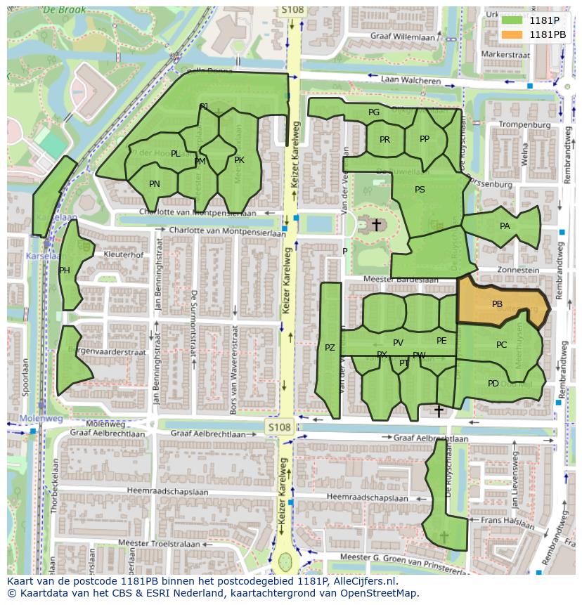 Afbeelding van het postcodegebied 1181 PB op de kaart.