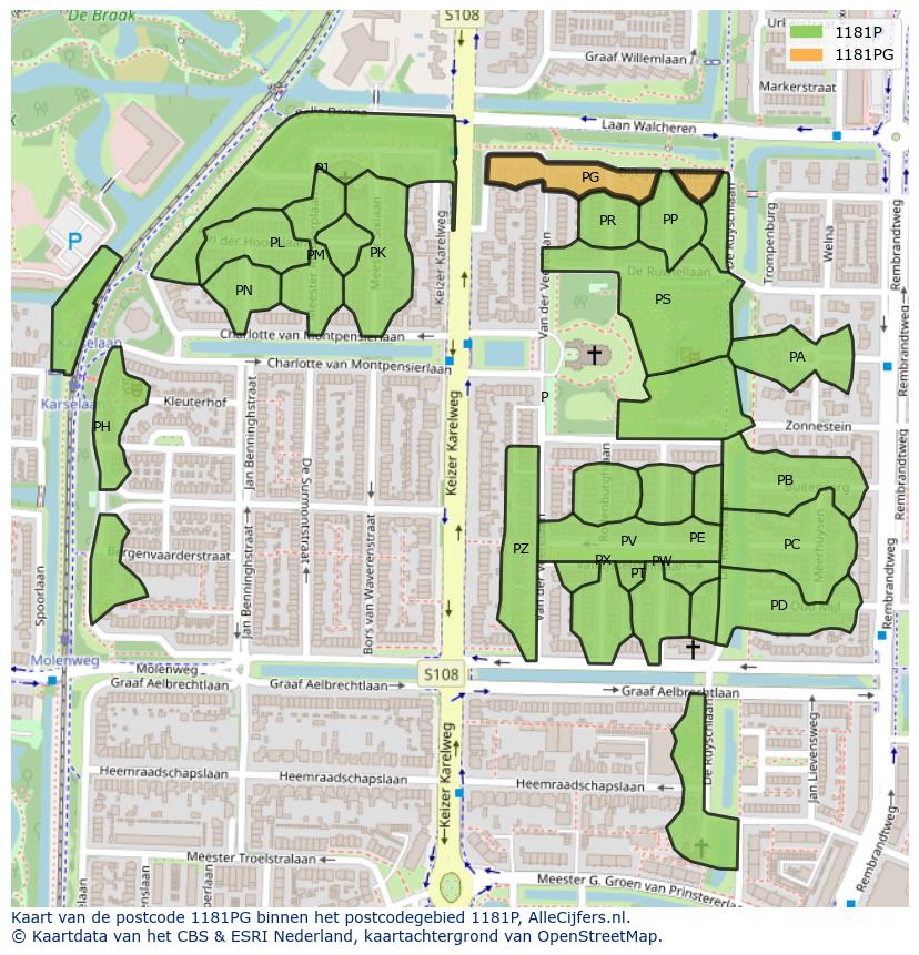 Afbeelding van het postcodegebied 1181 PG op de kaart.