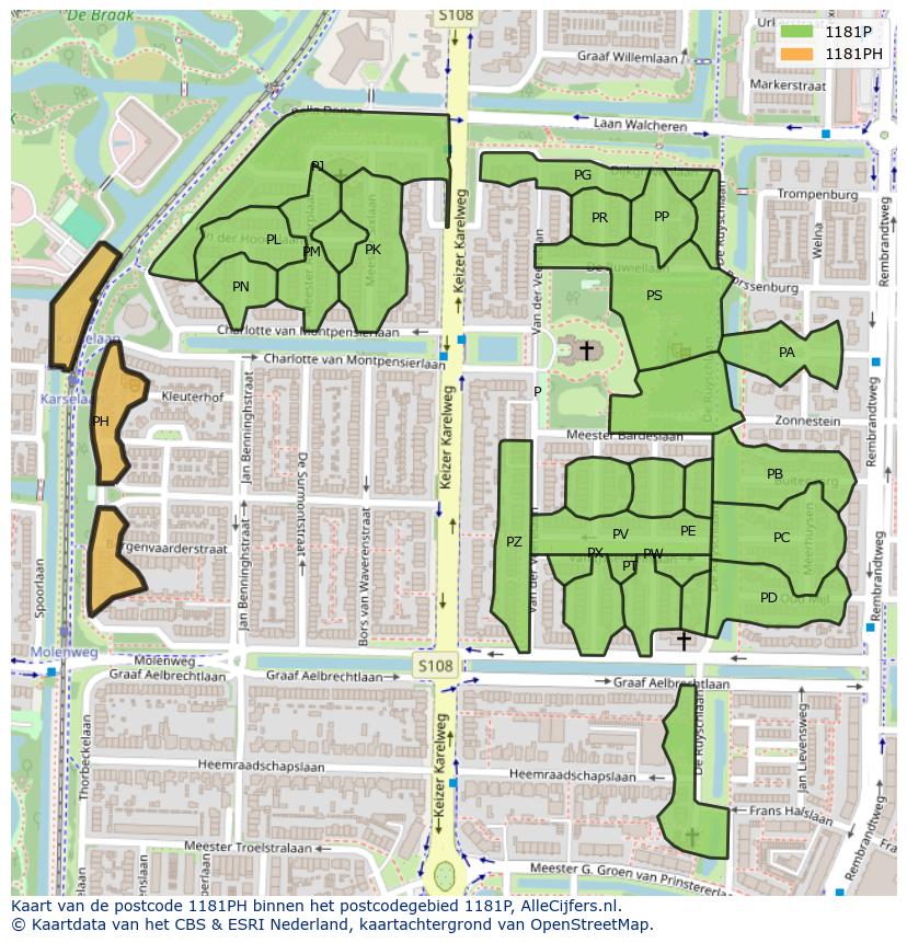 Afbeelding van het postcodegebied 1181 PH op de kaart.