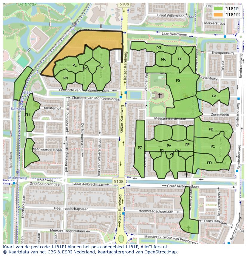 Afbeelding van het postcodegebied 1181 PJ op de kaart.