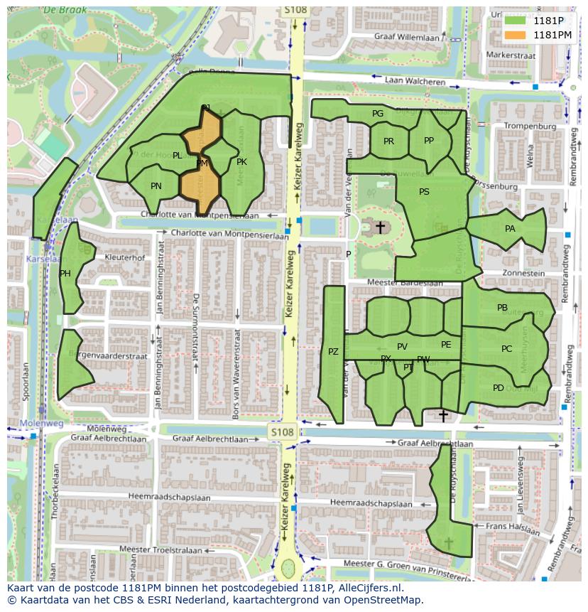 Afbeelding van het postcodegebied 1181 PM op de kaart.