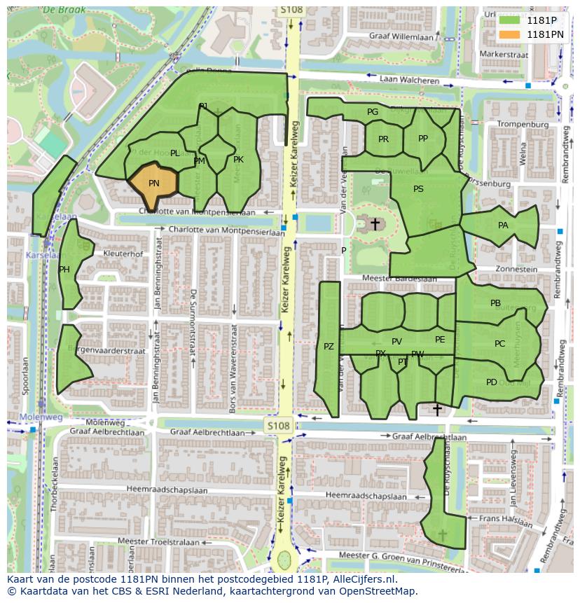 Afbeelding van het postcodegebied 1181 PN op de kaart.