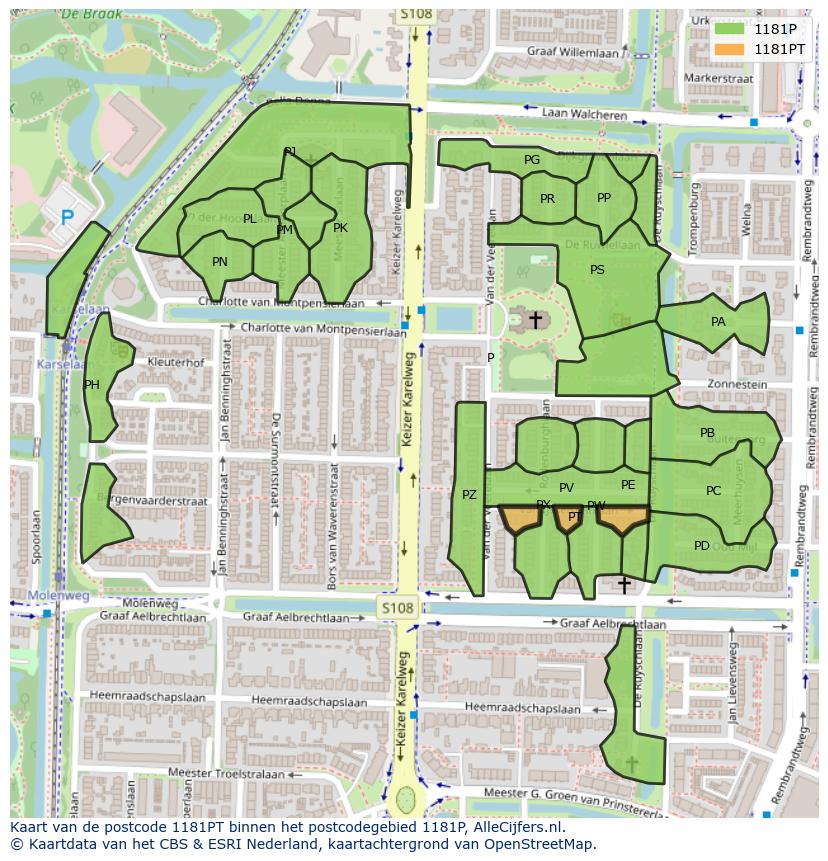 Afbeelding van het postcodegebied 1181 PT op de kaart.