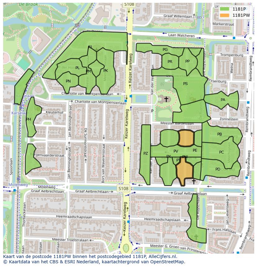 Afbeelding van het postcodegebied 1181 PW op de kaart.