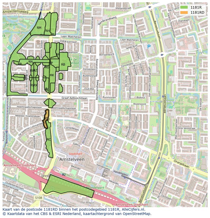 Afbeelding van het postcodegebied 1181 RD op de kaart.