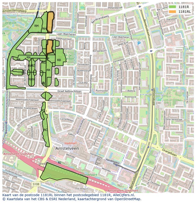 Afbeelding van het postcodegebied 1181 RL op de kaart.