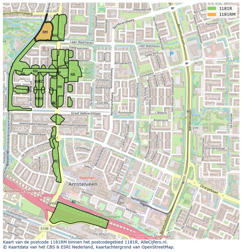 Afbeelding van het postcodegebied 1181 RM op de kaart.