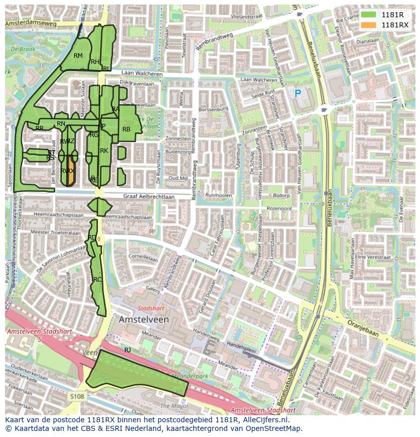 Afbeelding van het postcodegebied 1181 RX op de kaart.