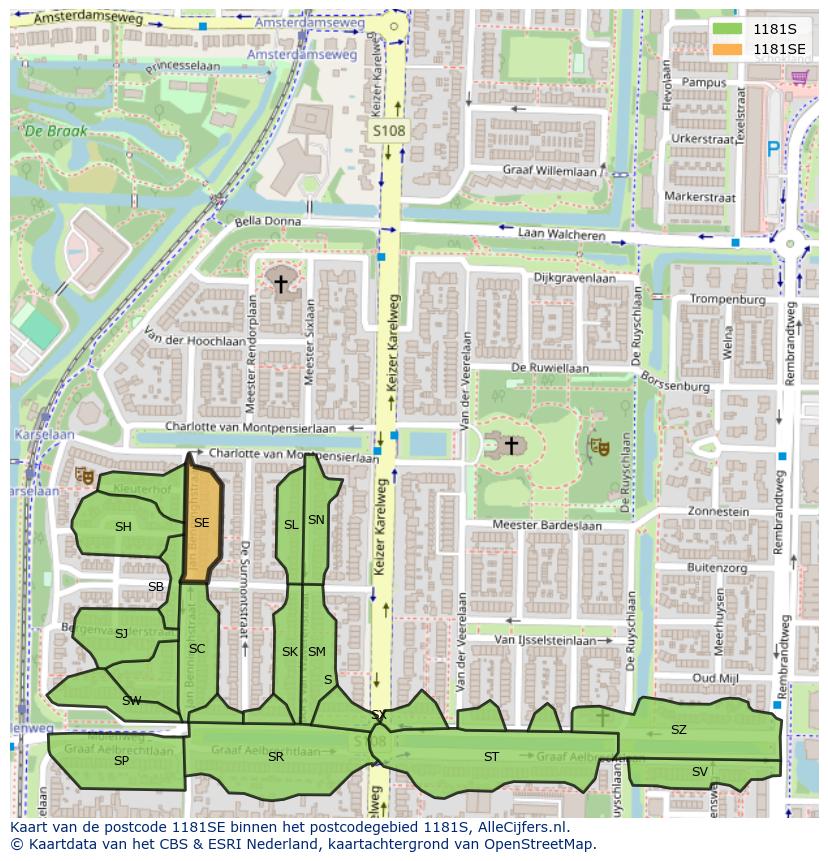 Afbeelding van het postcodegebied 1181 SE op de kaart.