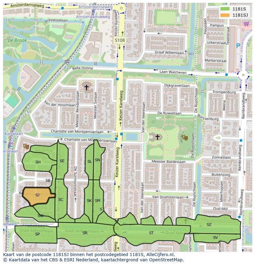 Afbeelding van het postcodegebied 1181 SJ op de kaart.