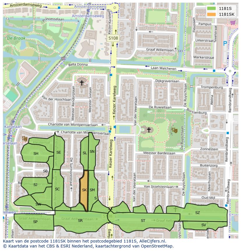 Afbeelding van het postcodegebied 1181 SK op de kaart.