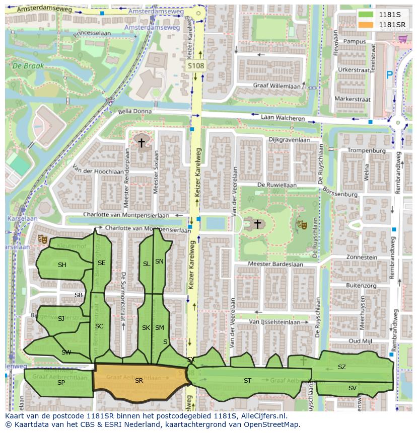 Afbeelding van het postcodegebied 1181 SR op de kaart.