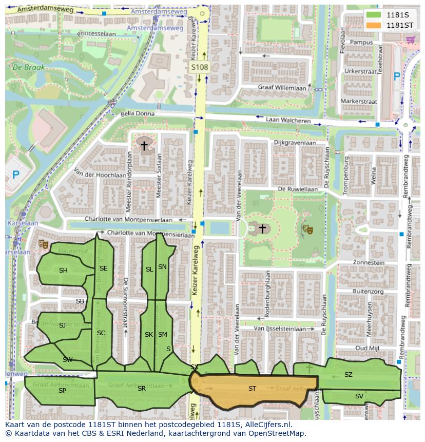 Afbeelding van het postcodegebied 1181 ST op de kaart.