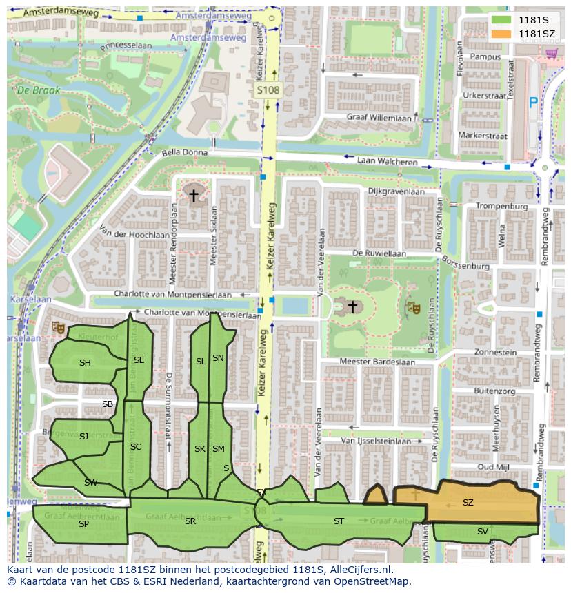 Afbeelding van het postcodegebied 1181 SZ op de kaart.