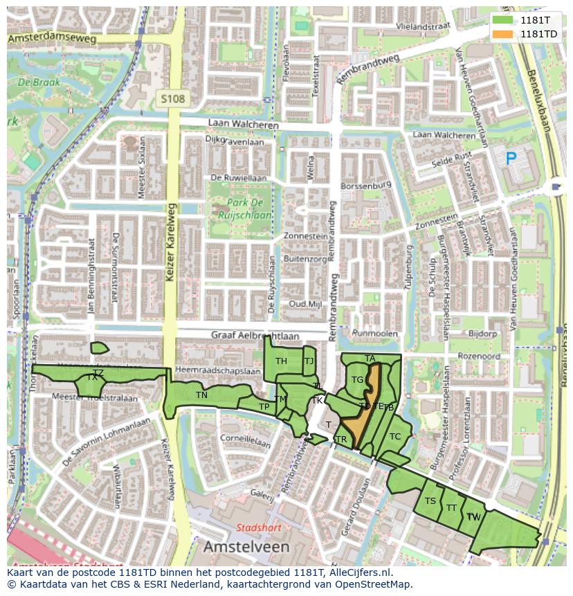 Afbeelding van het postcodegebied 1181 TD op de kaart.