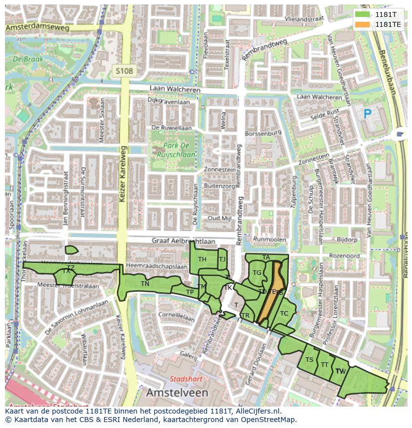 Afbeelding van het postcodegebied 1181 TE op de kaart.