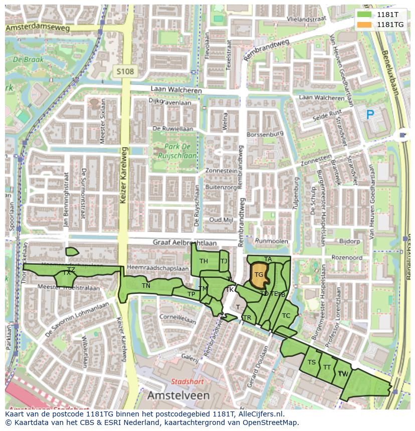 Afbeelding van het postcodegebied 1181 TG op de kaart.