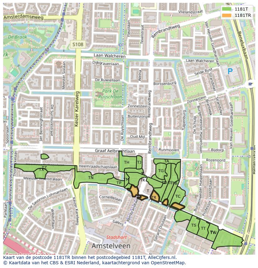 Afbeelding van het postcodegebied 1181 TR op de kaart.