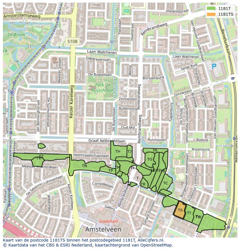 Afbeelding van het postcodegebied 1181 TS op de kaart.