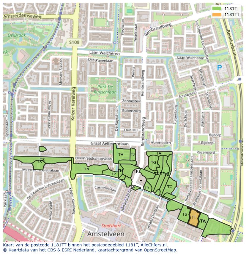 Afbeelding van het postcodegebied 1181 TT op de kaart.