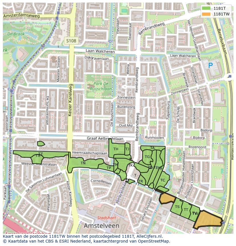 Afbeelding van het postcodegebied 1181 TW op de kaart.