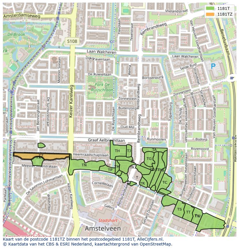 Afbeelding van het postcodegebied 1181 TZ op de kaart.