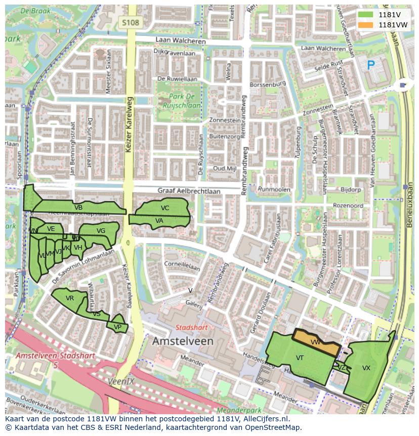 Afbeelding van het postcodegebied 1181 VW op de kaart.