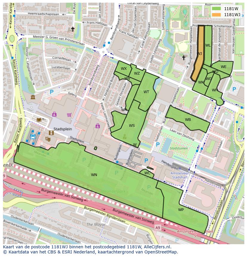 Afbeelding van het postcodegebied 1181 WJ op de kaart.