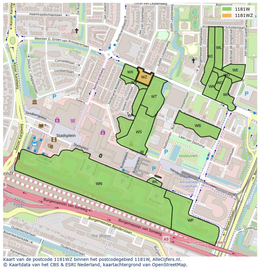 Afbeelding van het postcodegebied 1181 WZ op de kaart.