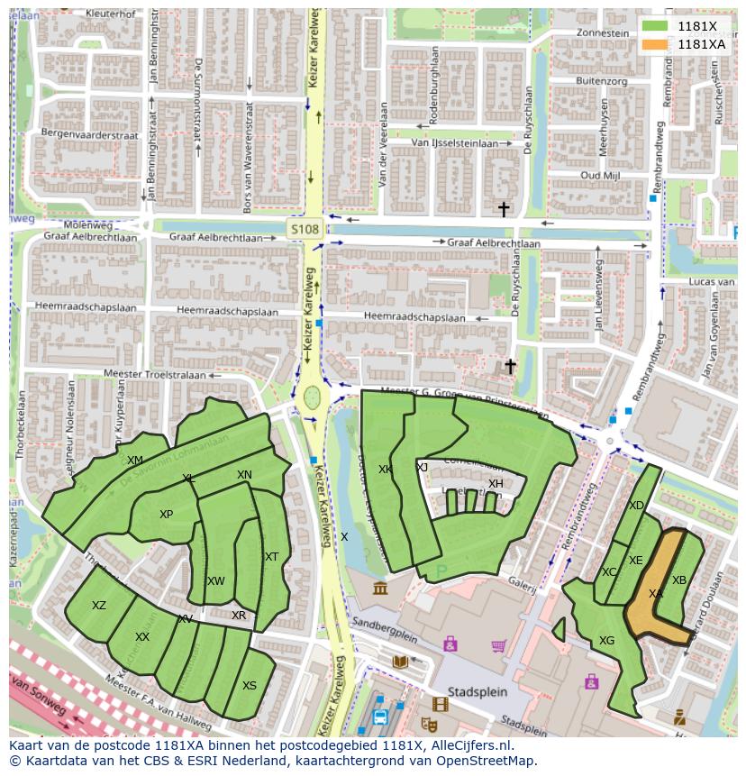 Afbeelding van het postcodegebied 1181 XA op de kaart.