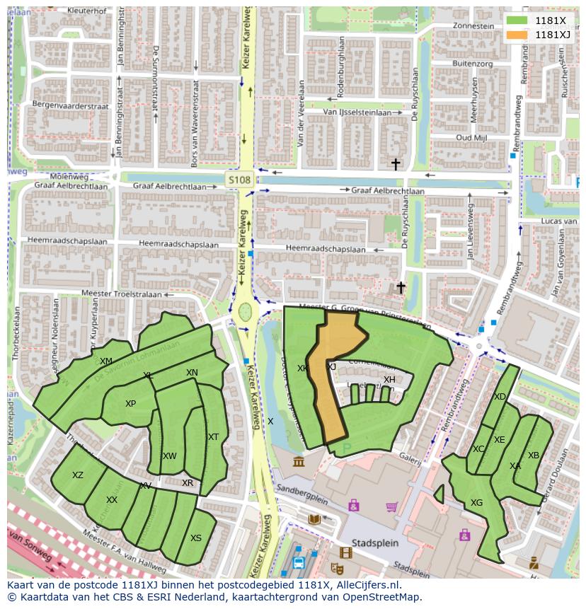 Afbeelding van het postcodegebied 1181 XJ op de kaart.