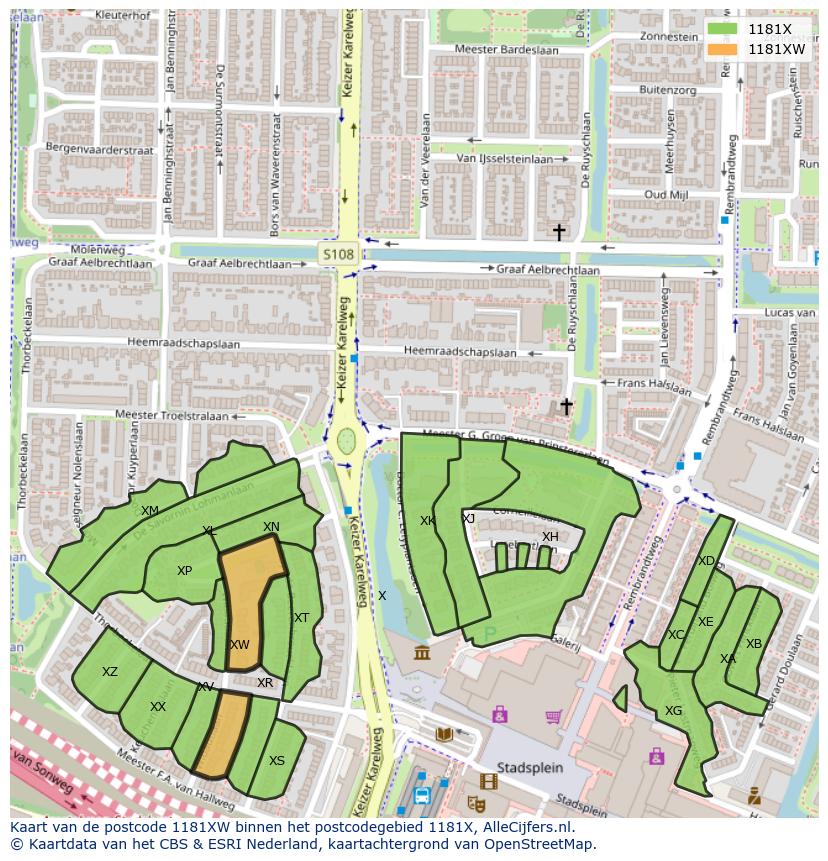 Afbeelding van het postcodegebied 1181 XW op de kaart.