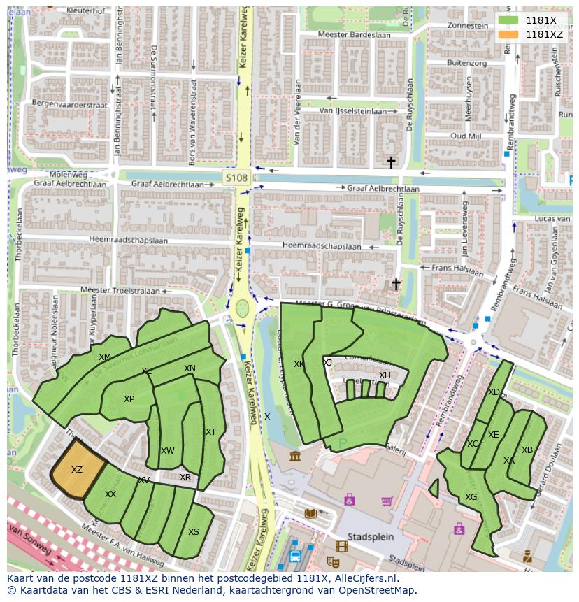 Afbeelding van het postcodegebied 1181 XZ op de kaart.