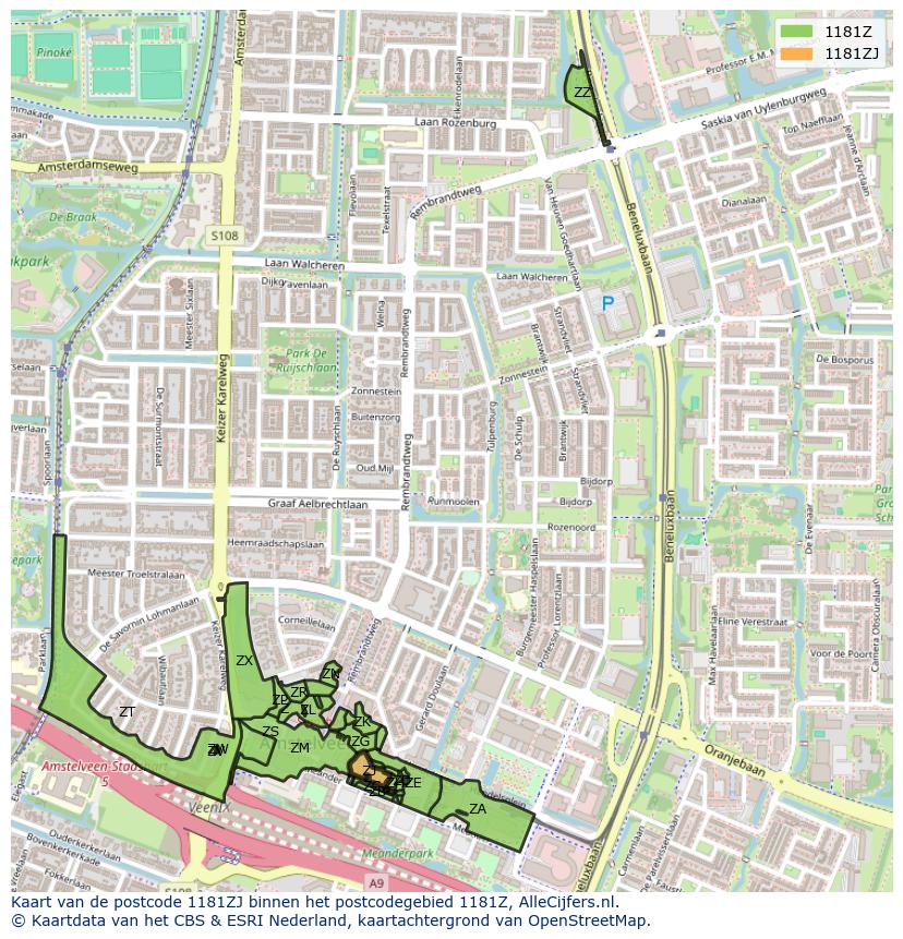 Afbeelding van het postcodegebied 1181 ZJ op de kaart.