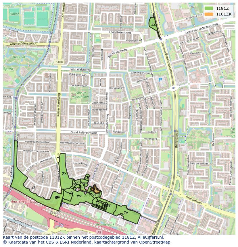 Afbeelding van het postcodegebied 1181 ZK op de kaart.