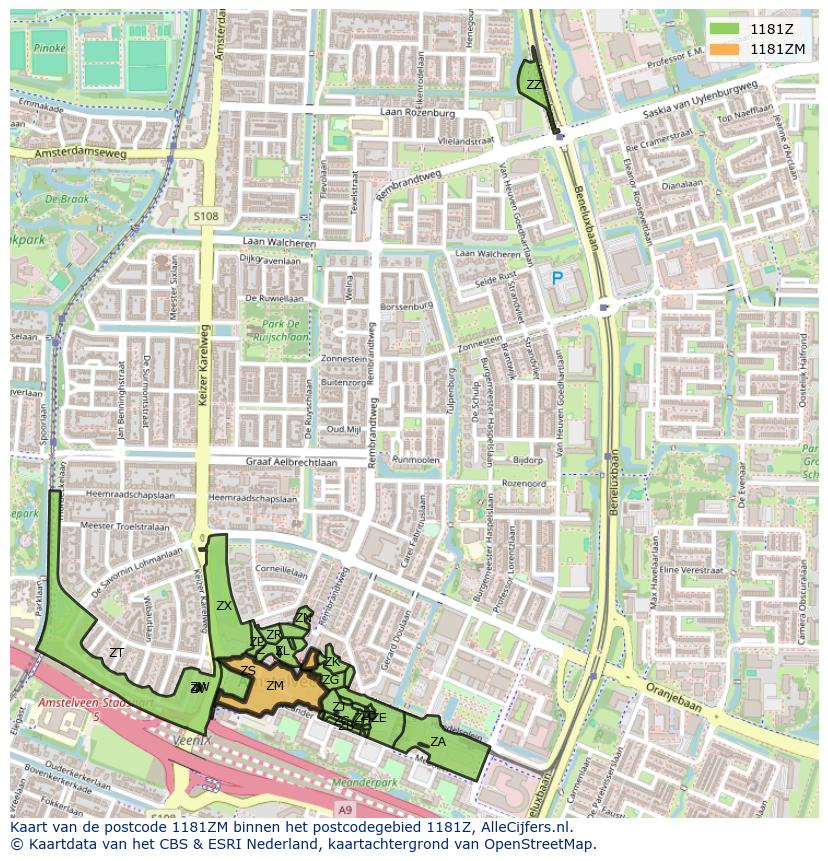 Afbeelding van het postcodegebied 1181 ZM op de kaart.