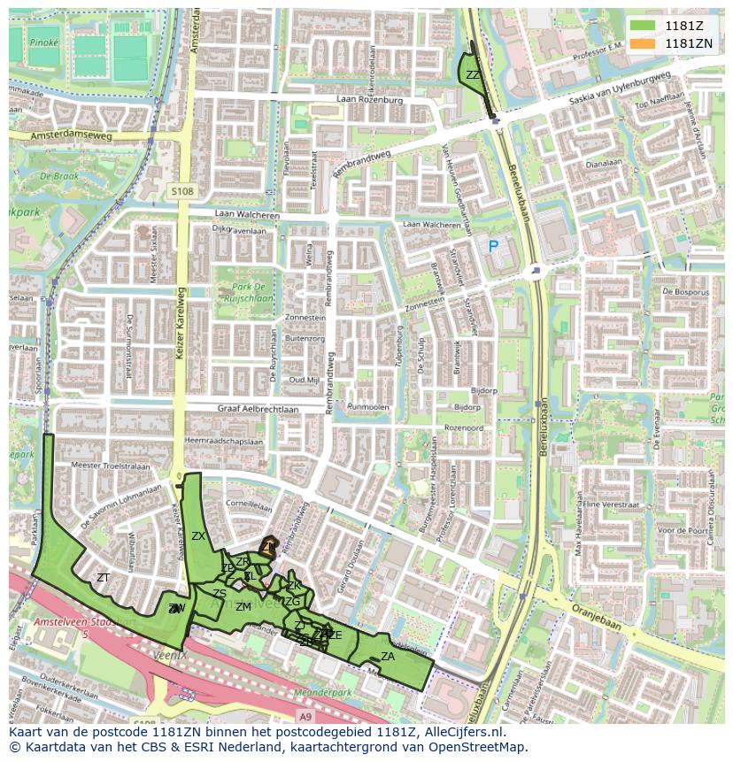 Afbeelding van het postcodegebied 1181 ZN op de kaart.