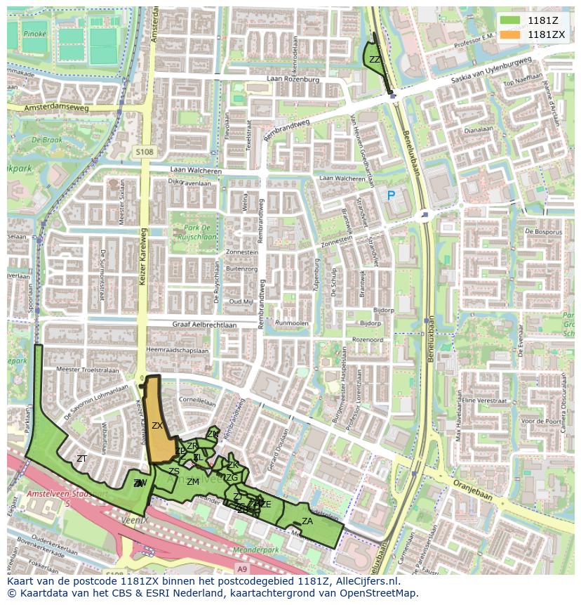 Afbeelding van het postcodegebied 1181 ZX op de kaart.