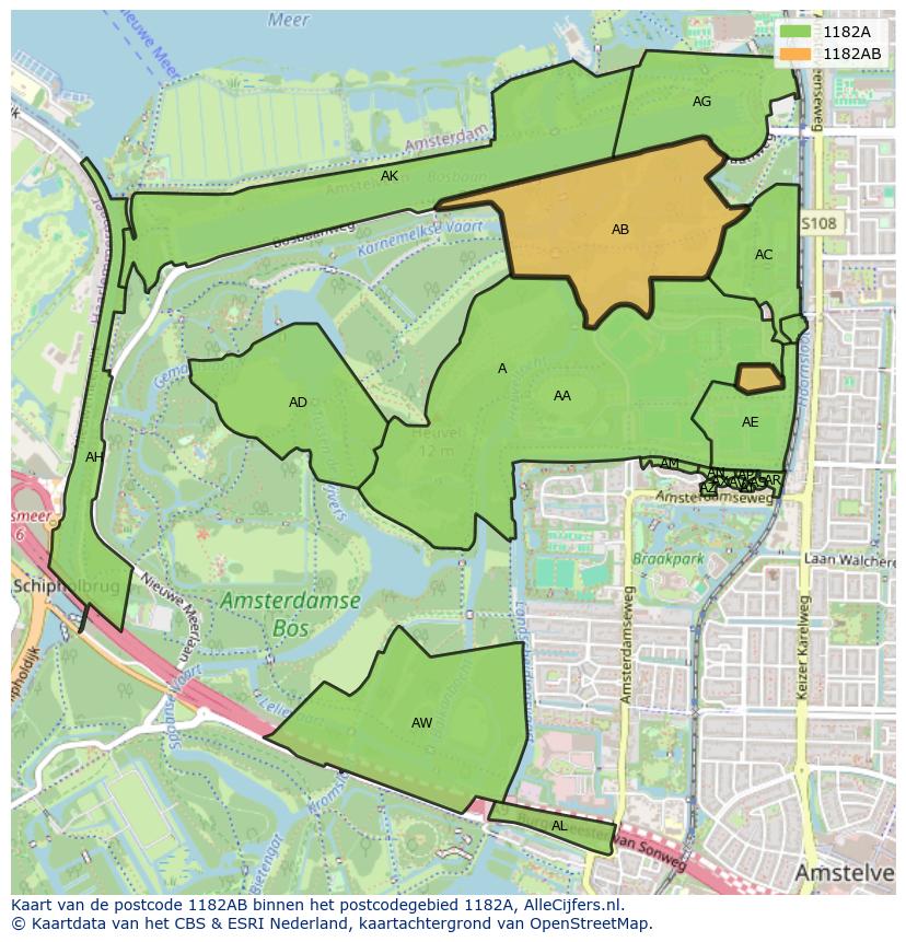Afbeelding van het postcodegebied 1182 AB op de kaart.