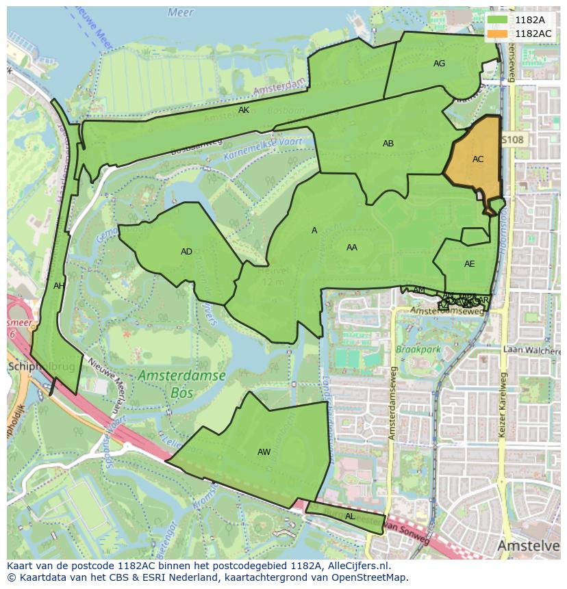 Afbeelding van het postcodegebied 1182 AC op de kaart.