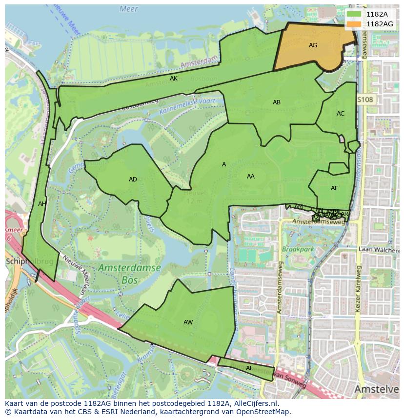 Afbeelding van het postcodegebied 1182 AG op de kaart.