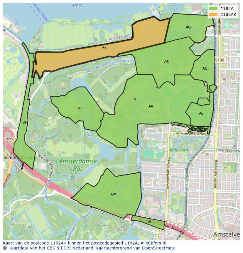 Afbeelding van het postcodegebied 1182 AK op de kaart.