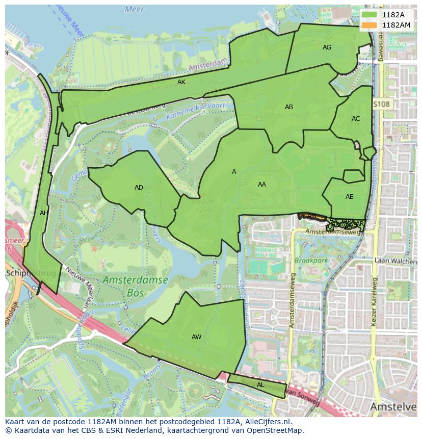 Afbeelding van het postcodegebied 1182 AM op de kaart.